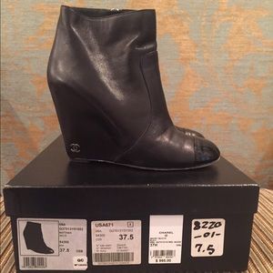 Chanel Black Leather Wedge Booties Size 37.5
